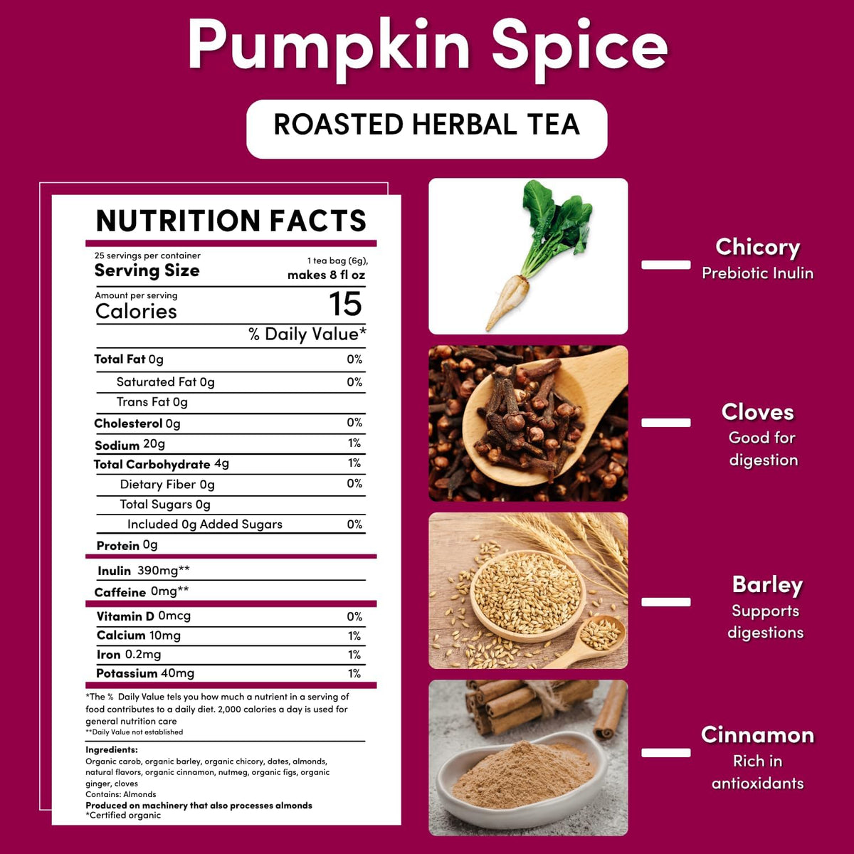 Teeccino Pumpkin Spice Herbal Tea - Rich & Roasted Autumn Harvest Tea That’s Caffeine Free & Prebiotic for Delicious Comfort