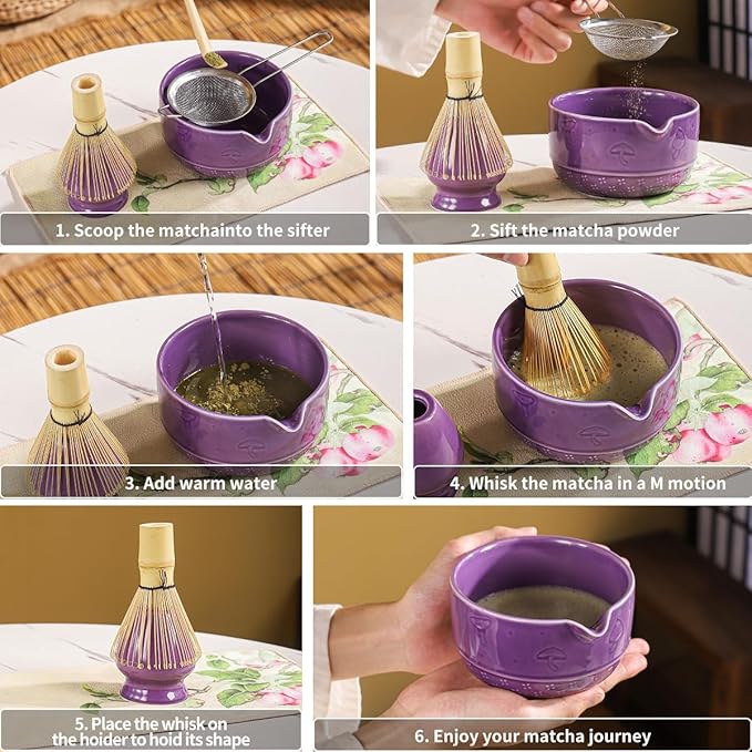 Matcha Set, 8-Piece Ceramic Matcha Bowl & Whisk Kit with Mushroom Pattern, Traditional Japanese Chawan, Bamboo Chasen, Scoop & Sifter