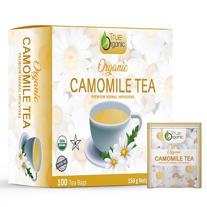 True Organic Premium Chamomile Tea, 100 Count Tea Bags, USDA Organic & Kosher Certified, 100 Envelop Organic Chamomile Tea Bags for Your Home & Cafe.