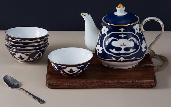 Blue and White Tea Set - 28 oz. Bone China Teapot and 6 oz. Tea Cups with White Vintage Design