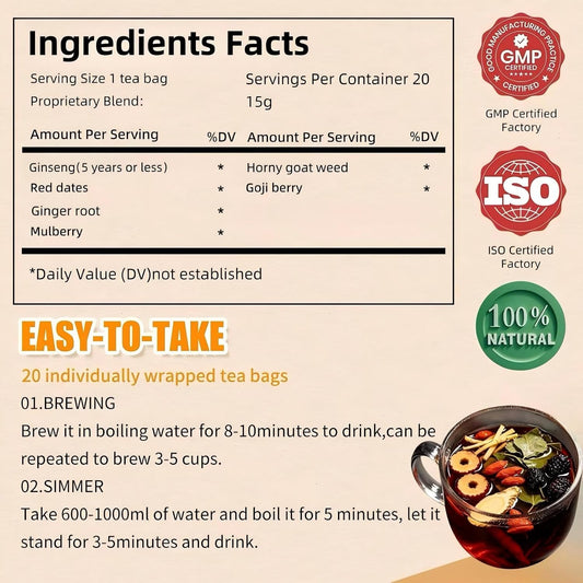 Eastrue Ginseng Five Treasure Kidney Tea with Horny Goat Weed,Goji Berry,Mulberry,Ginger &amp; Jujube Dates-Traditional Chinese Herbal Kidney Tea Formula for Men &amp; Women,Caffeine Free,Non-GMO, 20Bags/300g