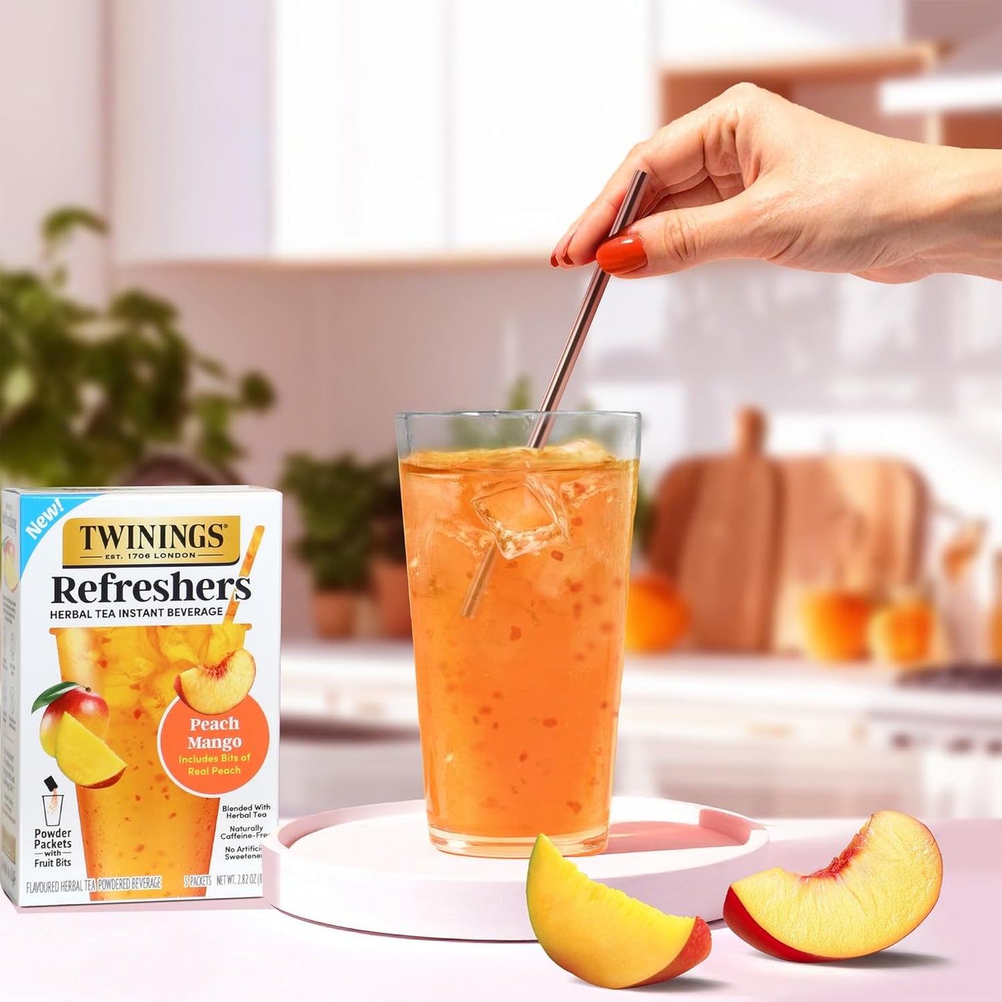 Twinings Peach Mango Refreshers, Herbal Tea Instant Beverage with Real Peach Fruit Bits, 5 Count (Pack of 6), Café Style, No Artificial Sweeteners, Naturally Caffeine-Free Refreshment, 30 Packets | Café Style, Instant Beverage with Real Peach Bits, No Art