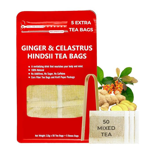 Pure Ginger Tea Bags with Celastrus Hindsii - 55 Count (+5 Tea Bags) - 5.15 oz, Re-Steep Herbal Tea Blend, Corn Based Bags, Bamboo Tong Include