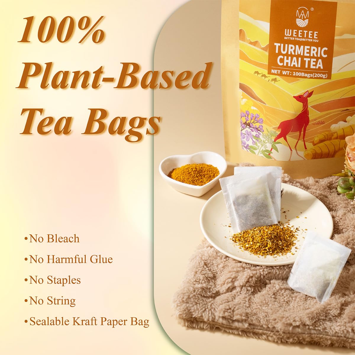 WT WEETEE Turmeric Chai Tea Bags 100 Count, Caffeine-Free Ginger Spiced Tea