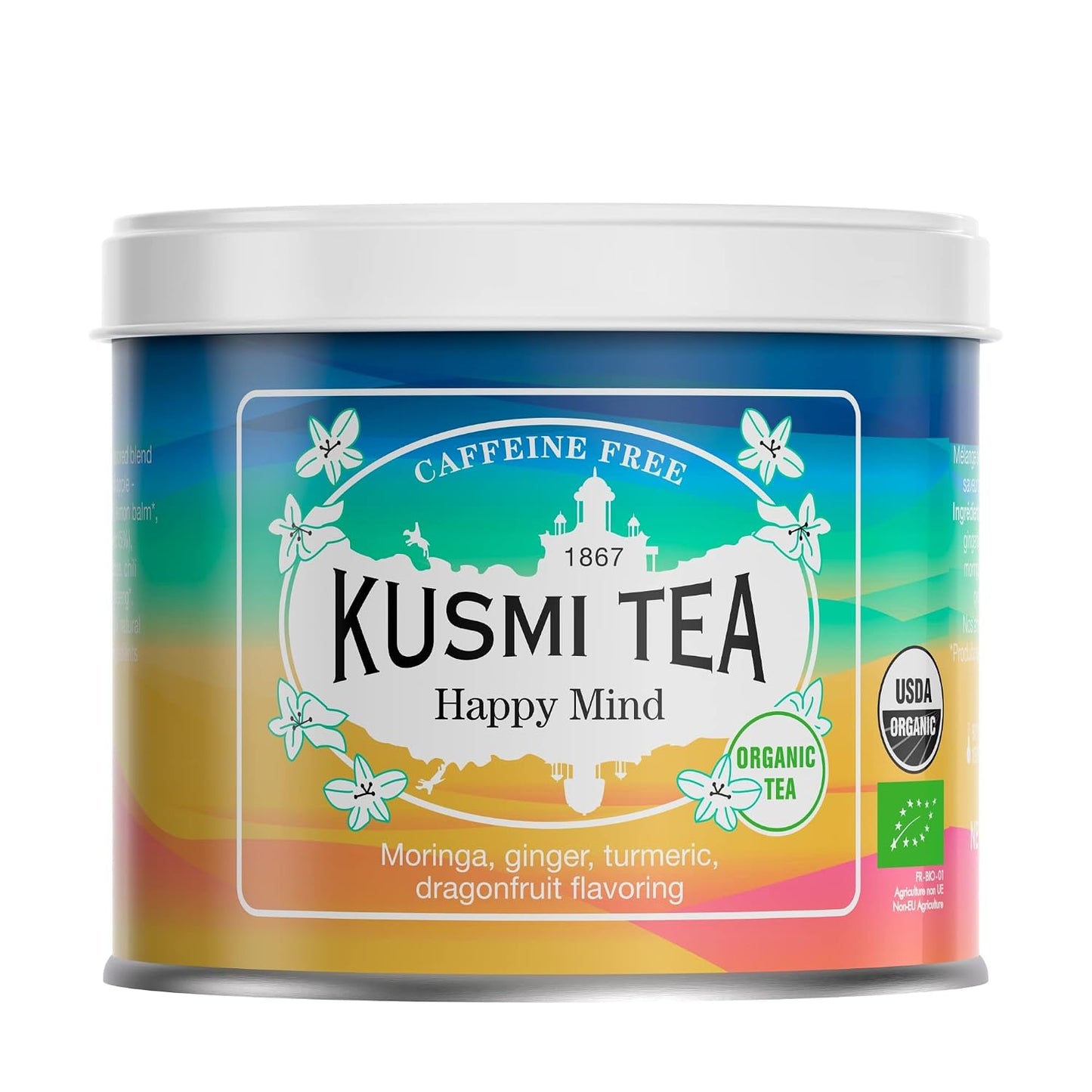 Kusmi Tea - Happy Mind - Organic Herbal Tea with Dragon Fruit, Turmeric, Apple, Chili Pepper, Moringa, Lemon &amp; Ginger - Caffeine Free - Loose Leaf Tea - Tin Box of 3.5 oz - Quantity for about 50 cups