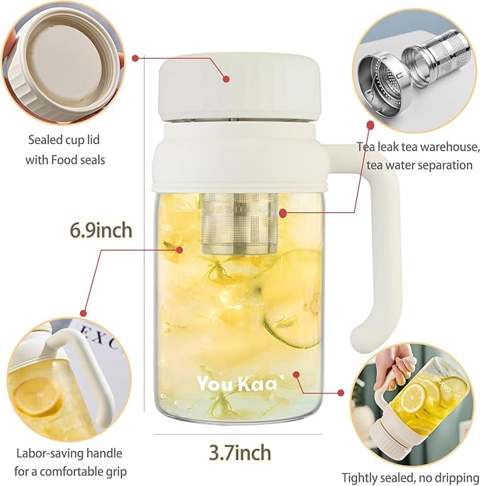 32oz Glass Water Bottle, Tea Bottle with Infuser & Handle, BPA-Free Leakproof Wide Mouth Large Tea Infuser cup for Hot or Cold Drinks, Loose