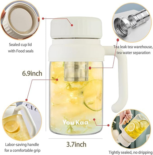 32oz Glass Water Bottle, Tea Bottle with Infuser & Handle, BPA-Free Leakproof Wide Mouth Large Tea Infuser cup for Hot or Cold Drinks, Loose