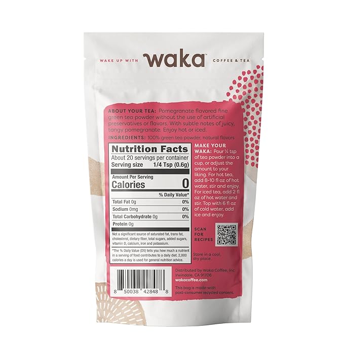 Waka Instant Green Tea Mix, Pomegranate Flavored - 100% Tea Leaves, No Additives, Unsweetened Sample/Travel Size Tea Powder - Easy Quick Hot and Iced Teas, Up to 20 Cups or 5 Quarts (.45oz)