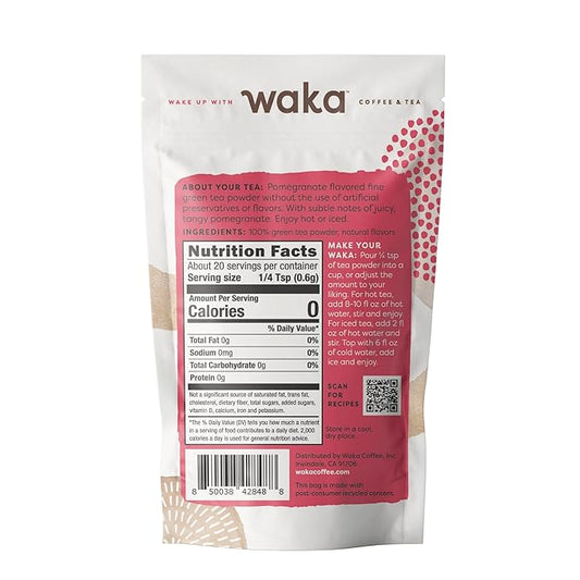 Waka Instant Green Tea Mix, Pomegranate Flavored - 100% Tea Leaves, No Additives, Unsweetened Sample/Travel Size Tea Powder - Easy Quick Hot and Iced Teas, Up to 20 Cups or 5 Quarts (.45oz)