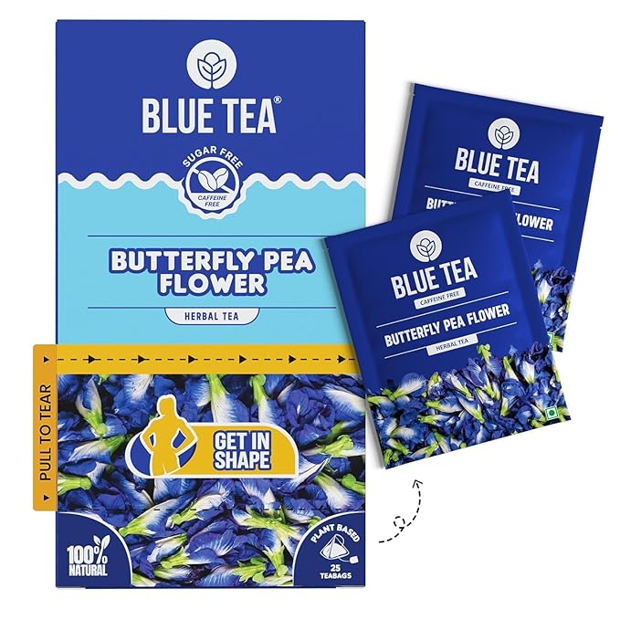 BLUE TEA - Butterfly Pea Flower Tea - 25 Count - Plant Based Tea Bags | Antioxidant Rich | Herbal Tea - Caffeine free - Non Bitter - No Preservatives - Chemical Free | Single Tear Box | Easy Pull Sachets