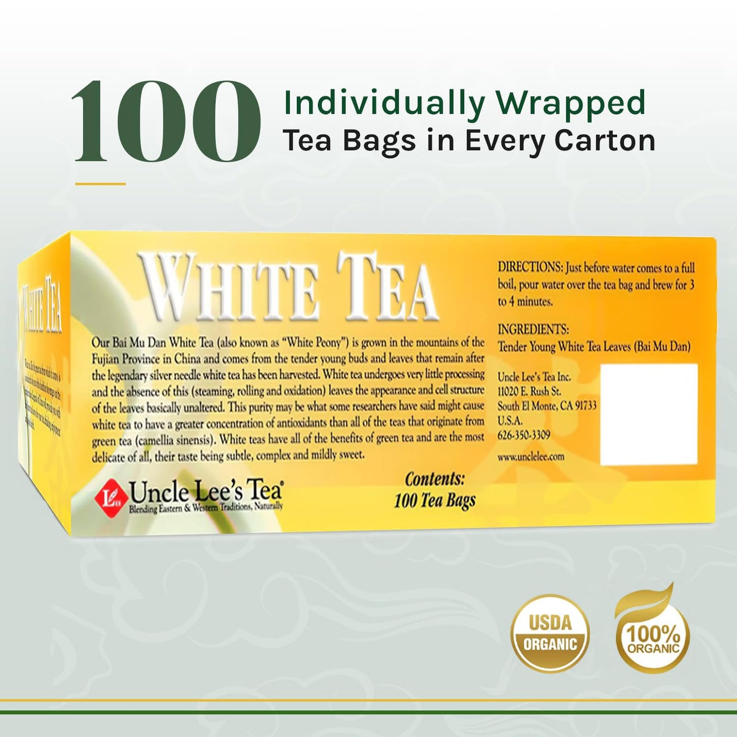 Uncle Lee’s Premium White Tea, Lightly Caffeinated, 100 Count – Antioxidant-Rich Bai Mu Dan in Individually Wrapped Tea Bags, 5.29 Oz