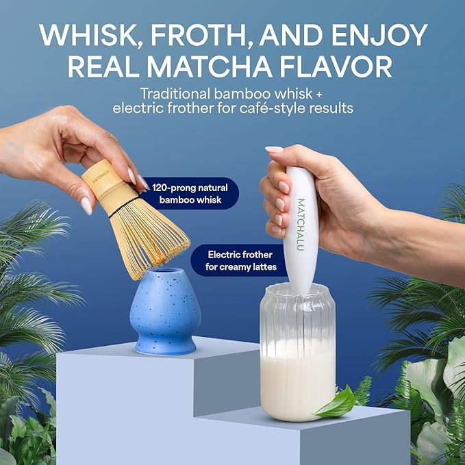 Matcha Whisk Set With Ceramic Matcha Bowl, Bamboo Whisk & Holder, Stainless Steel Spoon & Sifter, Glass Cup & Straw, Electric Frother, Storage Bag - Gift for Matcha Lovers (Premium 9-Piece Set Blue)