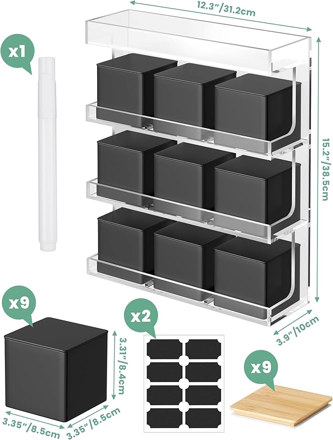 NiHome Acrylic Tea Organizer with 9 Metal Canisters and Dual Lids, Transparent Storage Rack with Top Tray for Tea Bags or Coffee Accessories, Airtight Sealed Jars for Loose Leaf Tea, Spices, or Coffee