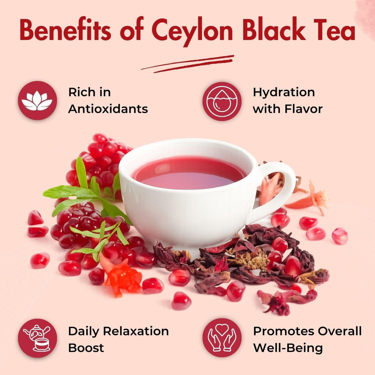Tea4U Pomegranate Black Ceylon Tea Bags - Sri Lankan Blend - 25 Count