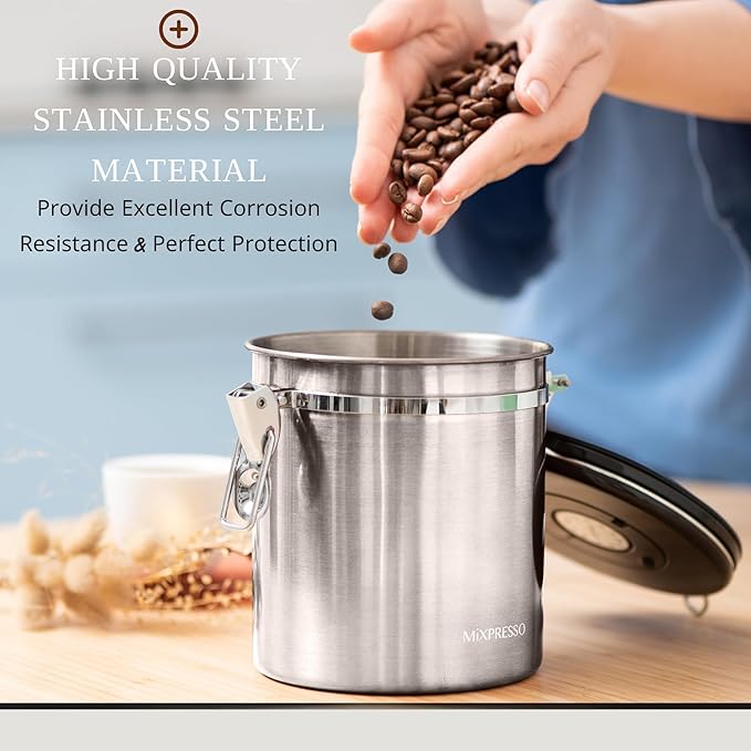 Mixpresso 16 Oz Coffee Canister with Scoop, Stainless Steel Airtight Coffee Container, Air tight Jar Tea Storage with Date Tracker, Vacuum Sealed Espresso Airtight Canister, Sugar Container for Home