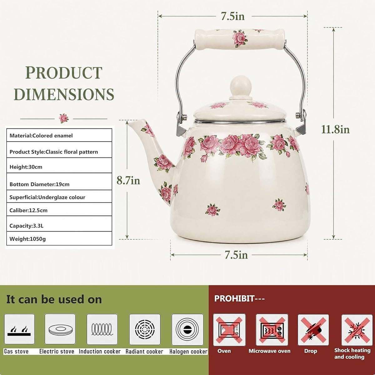 112 oz Floral Tea Kettle Pot for Stove Top, 3.5 QT Enamel Teapot