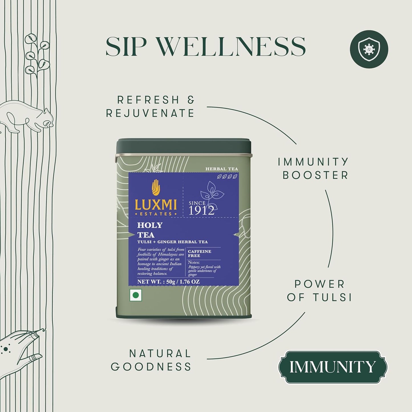 Luxmi Estates Holy Basil Tulsi Ginger Tea for Immunity | Loose Leaf 25 Cups (50g/1.76oz) | Caffeine Free | Non-GMO