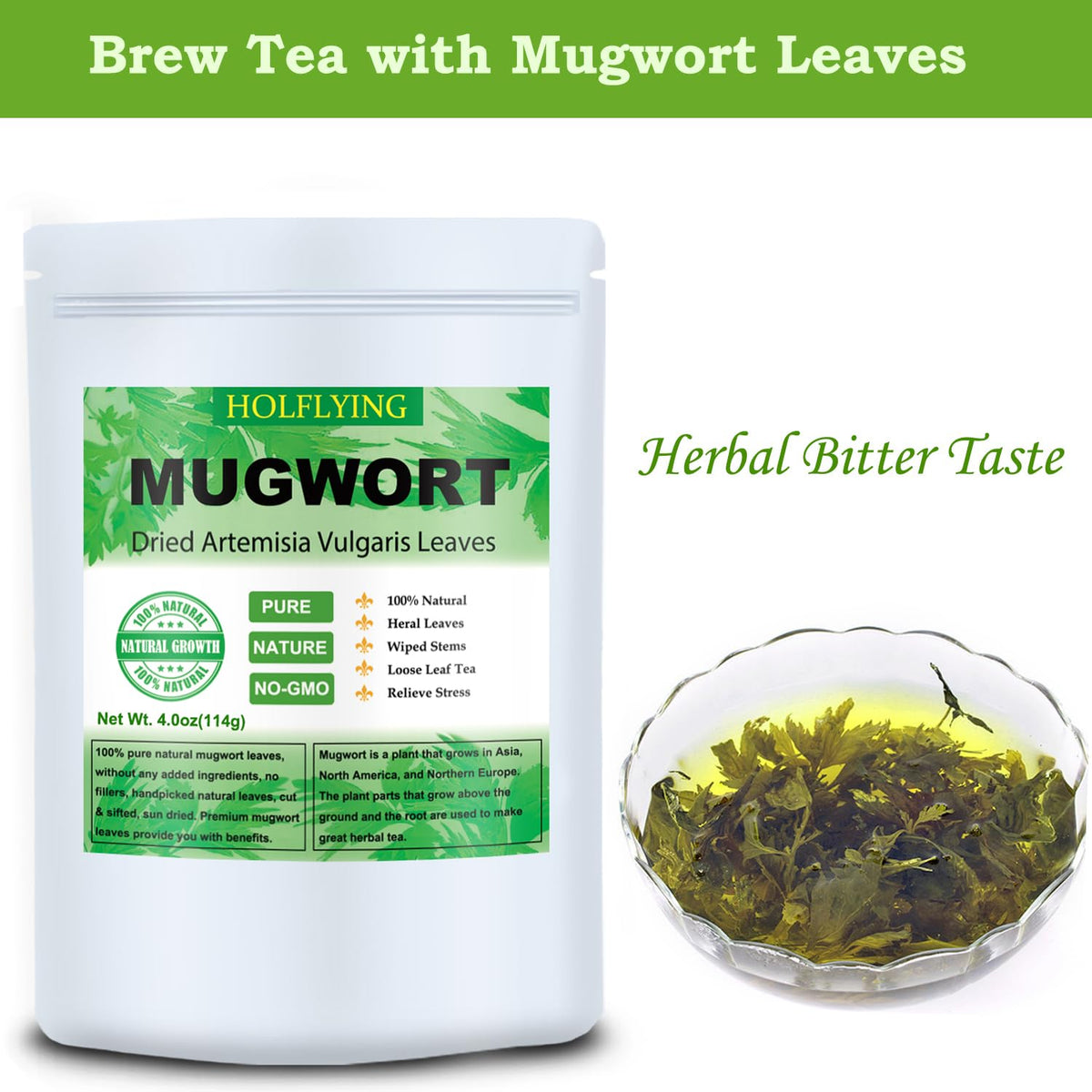 HOLFLYING Dried Mugwort Leaves, 4oz(114g), Natural Artemisia Vulgaris Herb Loose Leaves, 100% Natural Mugwort Tea, No Gmo