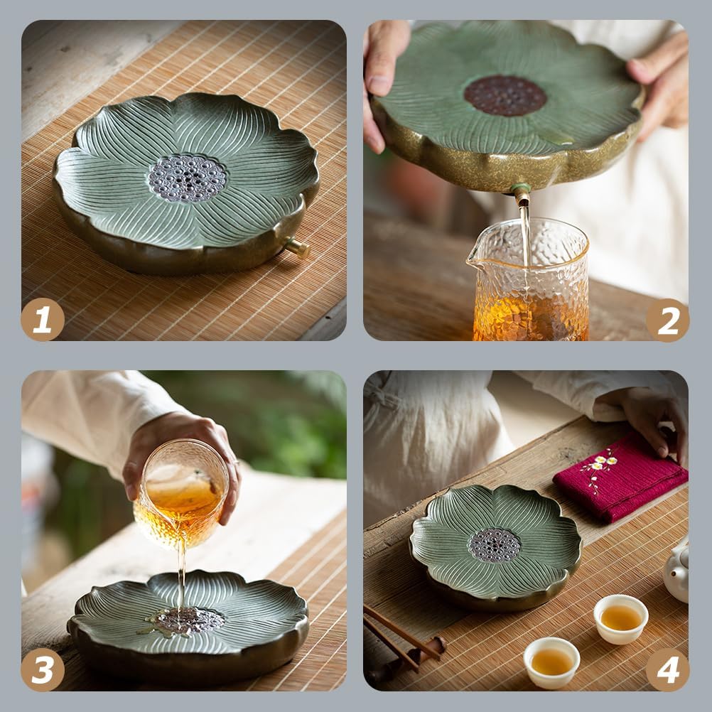 Garneck Tea Tray Ceramic Tea Serving Tray with Draining Board Retro Lotus Pattern Pot Mat Chinese Gongfu Coffee Table Table Box with Water Storage for Kungfu Set 20CM