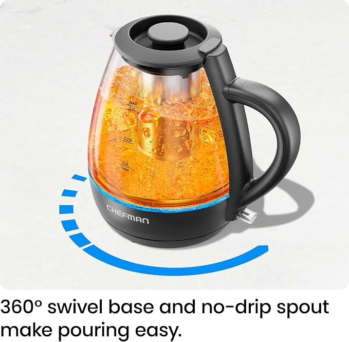 Chefman Electric Kettle with Tea Infuser, 1L 1500W, Removable Lid for Easy Cleaning, Boil-Dry Protection, Stainless Steel Filter, BPA Free