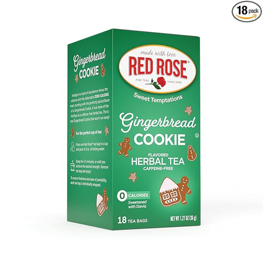 Red Rose Sweet Temptations Dessert Tea Gingerbread Cookie, Zero Carbs, Zero Sugar Bursting with Flavor Caffeine-Free Delicious Beverage Herbal Tea, 18 Count Naturally Flavored Herbal Tea