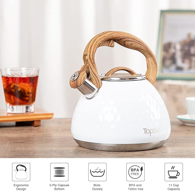 Tea Kettle, Toptier Teapot Whistling Kettle with Wood Pattern Handle Loud Whistle