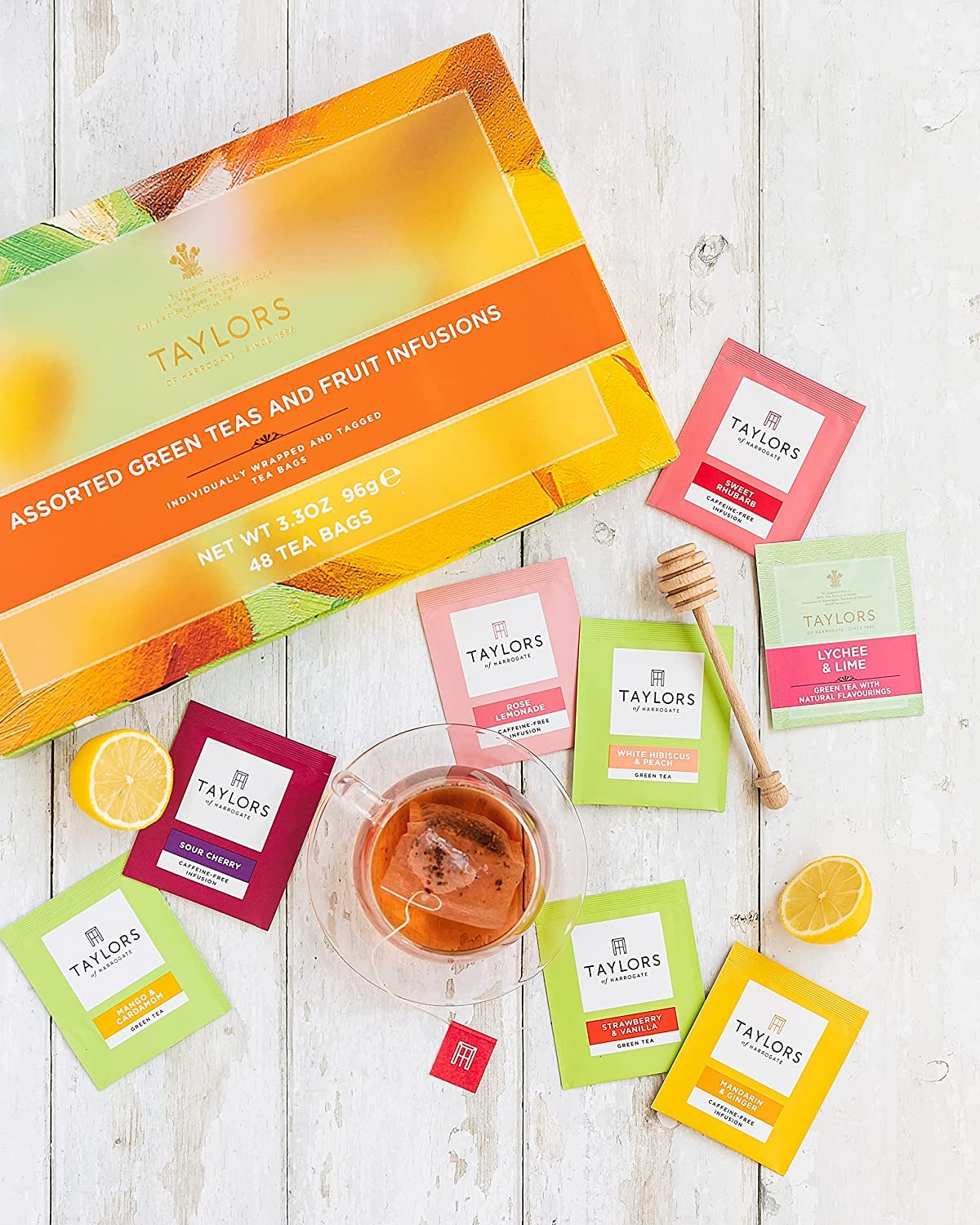 Taylors of Harrogate Assorted Green & Herbal Teas Sampler, Variety Pack Gift Box, Individually Wrapped Bags, 48 Count (Pack of 1), Premium Green & Herbal Teas, Mixed Caffeinated & Caffeine-Free Selection, 48 Teabags