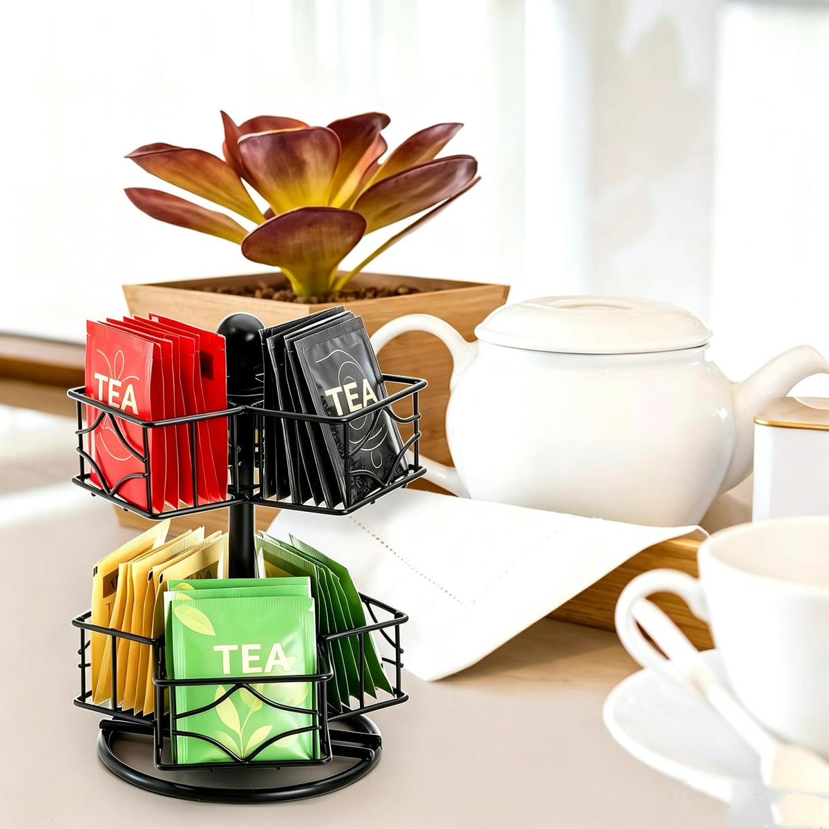 Frcctre Tea Bag Organizer, 360 Degree Tea Bag Spining Carousel Organizer with 6 Compartments, Lazy Susan Sugar Coffee Creamer