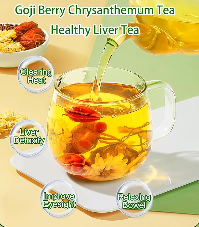 Goji Berry Chrysanthemum Tea for Liver Health, Dandelion Wolfberry Tea Bags, Chinese Health Herbal Tea, Include Cassia Seed, Licorice, Orange Peel, Gardenia, Tea Loose Leaf(1Box,15 Bags)