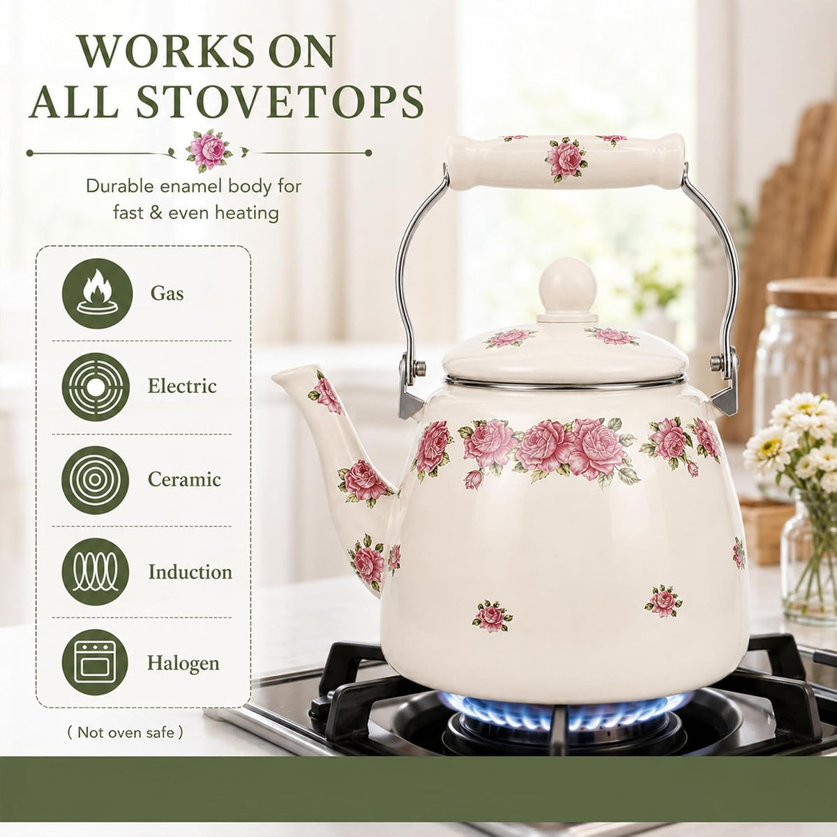 112 oz Floral Tea Kettle Pot for Stove Top, 3.5 QT Enamel Teapot