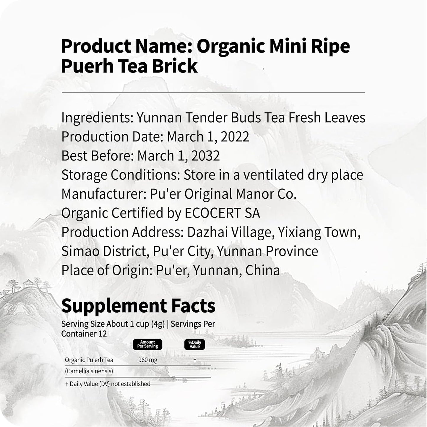 YUANSHENG Organic Pu-erh Tea, 12 Count Organic Puerh Mini Tea Cakes, Yunnan Pu-erh Fermented Leaf with Smooth and Sweet Flavor, Chinese Puerh tea Cake Individually Wrapped, 3.4 Oz