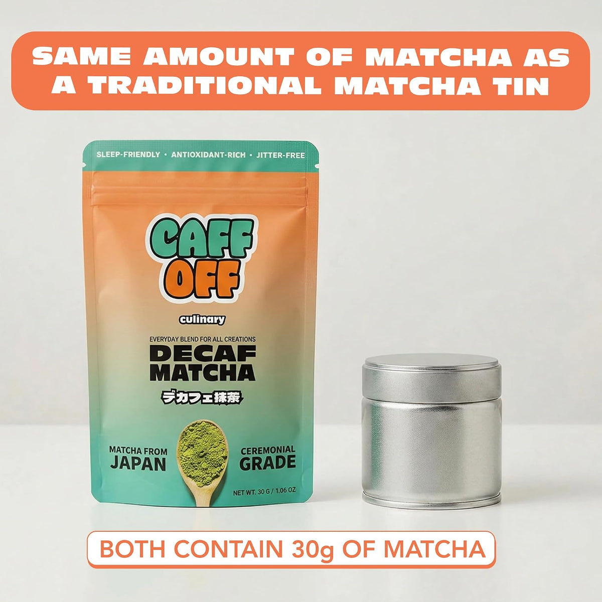 Caff Off Decaf Matcha Green Tea Powder, 15 Servings, Culinary Grade Japanese First Harvest, Naturally Decaffeinated, Heavy Metal Tested, Ideal for Cooking, Baking, Smoothies, 1.06 oz / 30 g