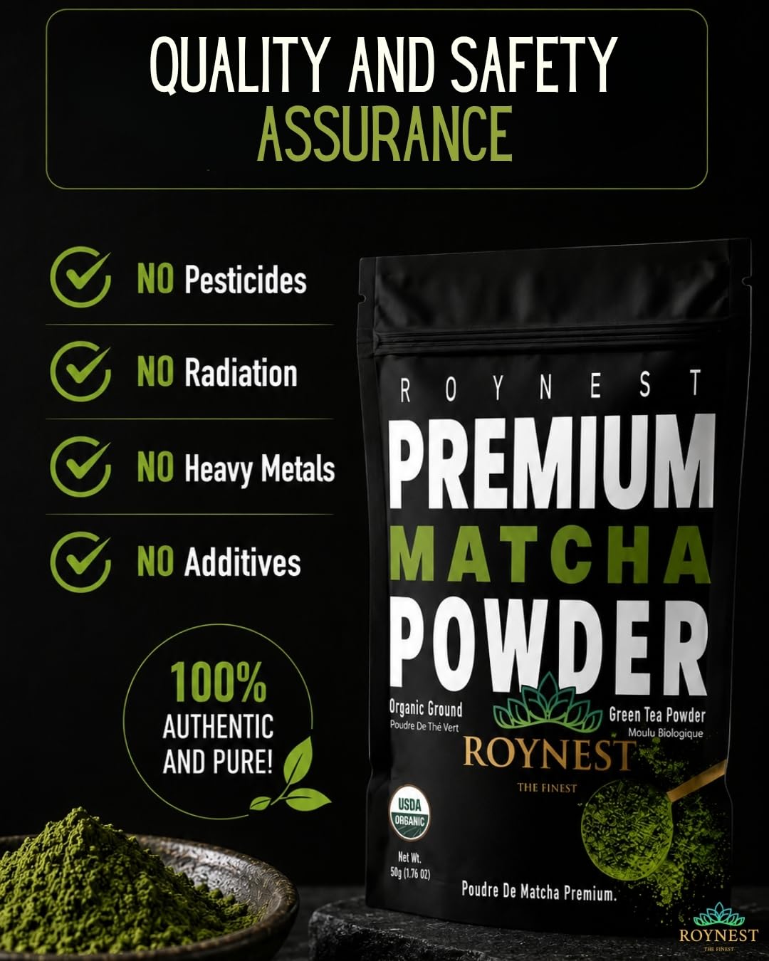 Roynest Premium Organic Matcha Powder - 50g Reseleable Pouch - 1 Pack | Ready to Mix, Pure Matcha for Iced Lattes, Smoothies, Cold Drinks &amp; Baking, Clean Energy, Non-GMO, USDA Certified Organic