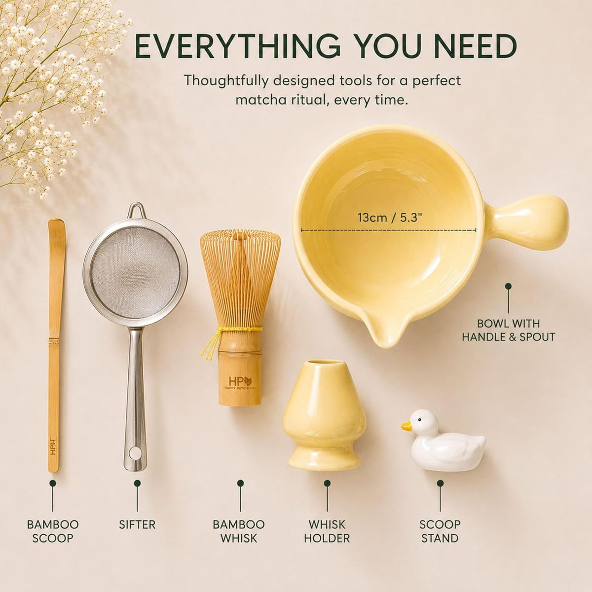 HAPPY PATH &amp; CO Patented Matcha Bowl Set with Handle &amp; Spout - Spill-Free Pouring | Complete Matcha Set for Beginners | Includes Bamboo Whisk, Scoop &amp; Stand (Sunny Duckling - Soft Yellow)