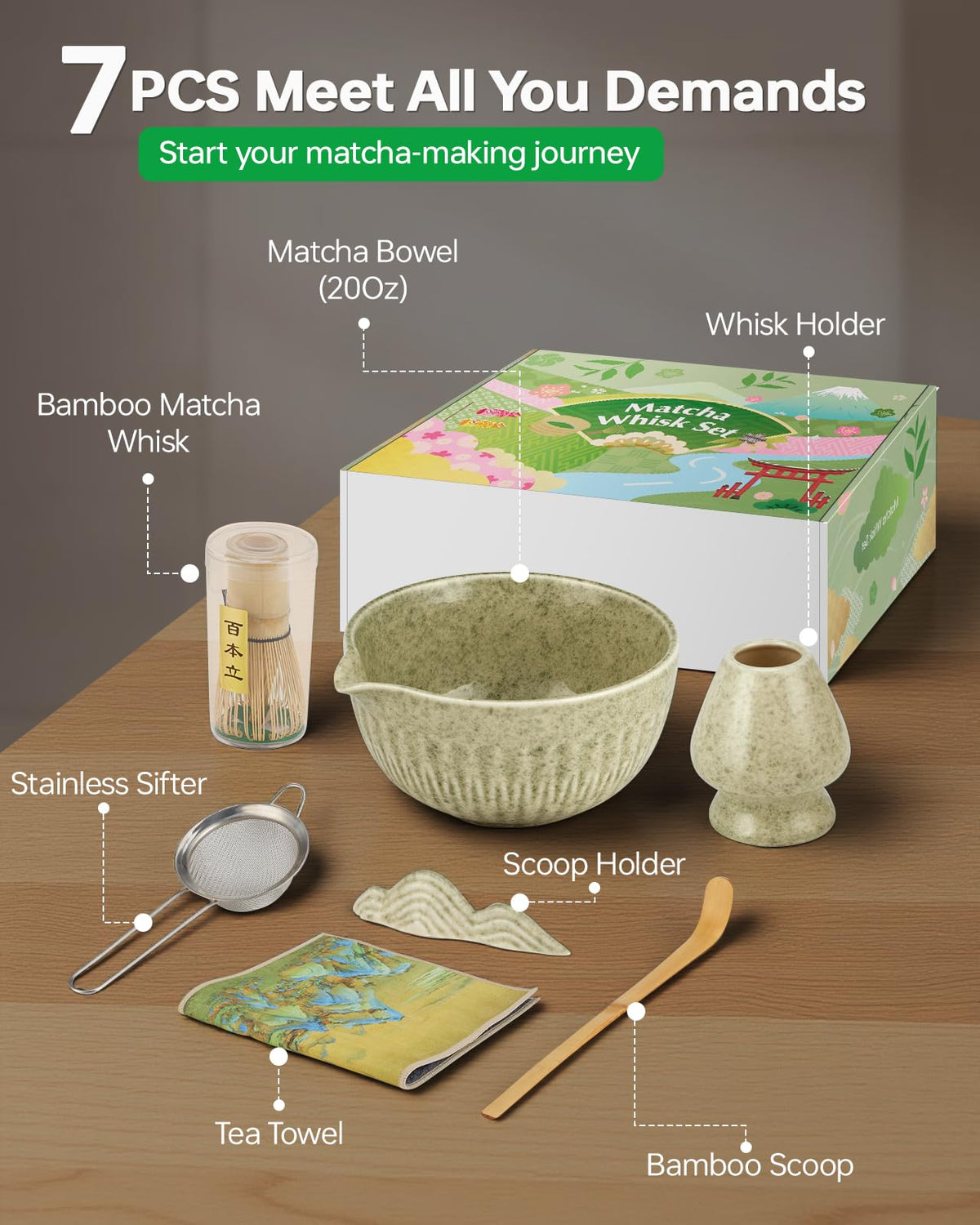 Haotao 20Oz Matcha Whisk Set，7 Pcs Matcha Kit Includes Matcha Bowl, Whisk & Holder, Bamboo Scoop, Scoop Rest, Sifter & Tea