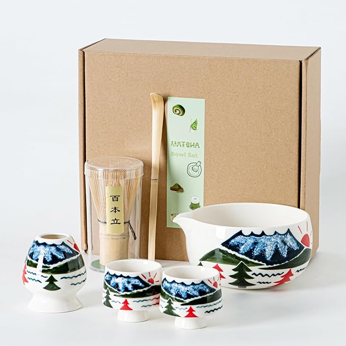 Fuji Mountain Matcha Bowl Set – 6-Pcs Hand-Painted Scenic Japanese Tea Ceremony Kit, Matcha Bowl with Spout, 2 Cups, Bamboo Whisk