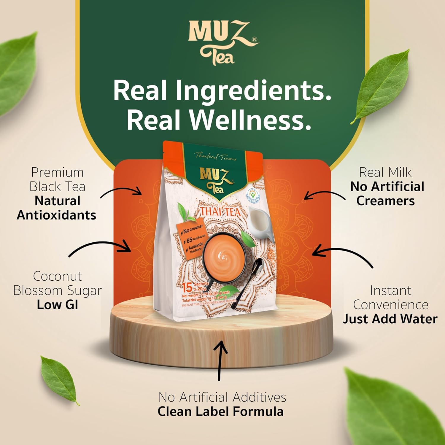 MUZ Tea Premium Instant Thai Tea Mix – Real Milk, No Creamers – Low GI Coconut Blossom Sugar – Only 65 Calories – Thai Tea Powder – Just Add Water – 15 Sachets