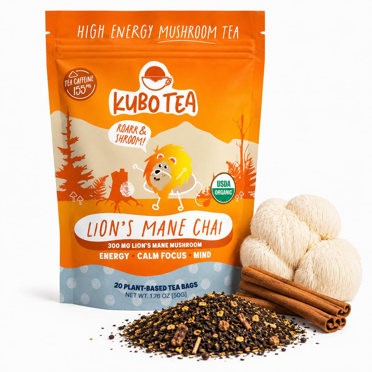 Kubo Lion's Mane Chai Tea Bags, Organic High Caffeine Black Tea, 20 Count | Mushroom, Organic, High Caffeine Black Tea, Lion's Mane