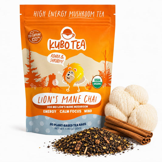 Kubo Lion's Mane Chai Tea Bags, Organic High Caffeine Black Tea, 20 Count | Mushroom, Organic, High Caffeine Black Tea, Lion's Mane