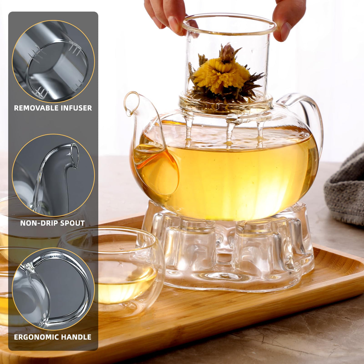 GURUDAR Glass Teapot Set, 34OZ/1000ML Glass Tea Kettle with Loose Tea Infuser & Warmer, 5OZ/150ML Double-Wall Tea Cup Set of