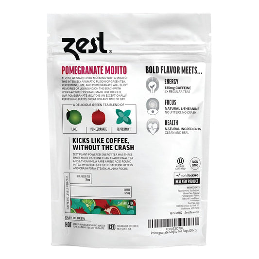 Zest Energy Green Tea – Pomegranate Mojito High Caffeine Tea Bags for Focus &amp; Morning Energy – Natural Caffeinated Tea with 135mg Caffeine – Coffee Substitute – 20Ct Pack, Non-GMO &amp; Keto Friendly