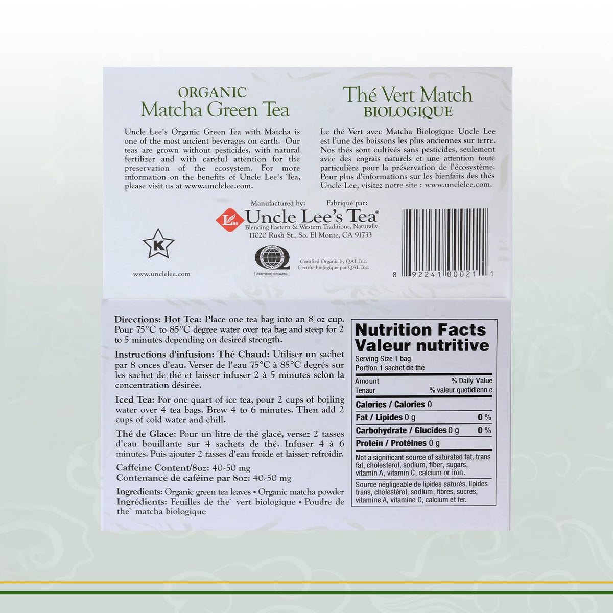 Uncle Lee's Tea Uncle Lee's Organic Matcha Green Tea Bags 2-Pack, 40 Count Ea Box – Antioxidant-Rich, Low Caffeine, Naturally