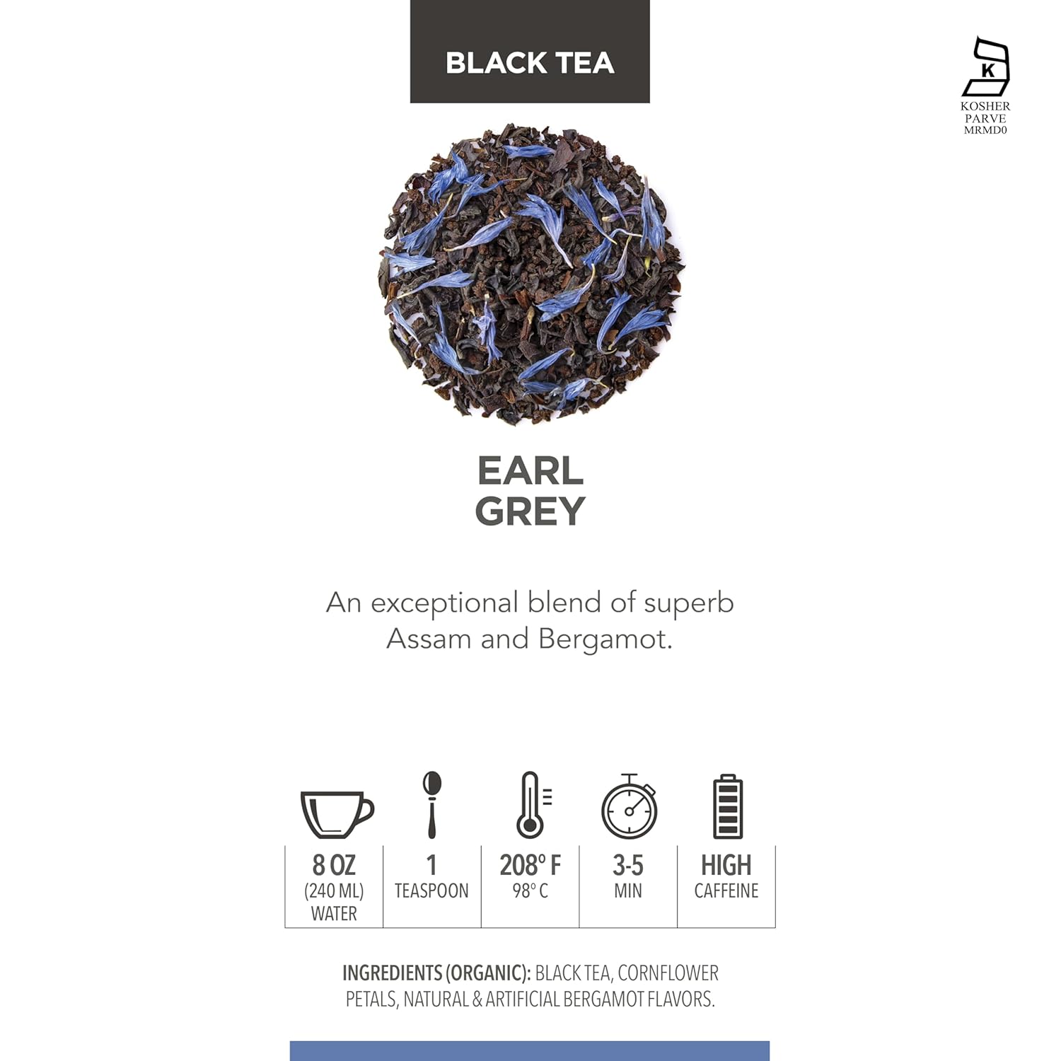 Teabloom Kosher Certified Earl Grey Loose Leaf Tea, Classic Assam Tea With Blue Cornflower Petals, 3.88 Ounce Canister Makes 35-50 Cups