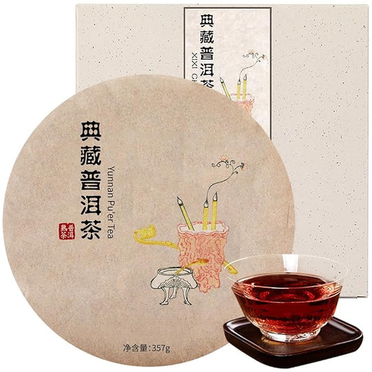 XIXICHA Classic Premium Puerh Tea Cake Ripe Puer Tea Classic Ancient Trees Pu erhTea Cake Aged Fermented Pu-erhTea Chinese Yunnan Puerh （215 cups）普洱茶 典藏普洱茶 普洱熟茶 12.6oz/357g