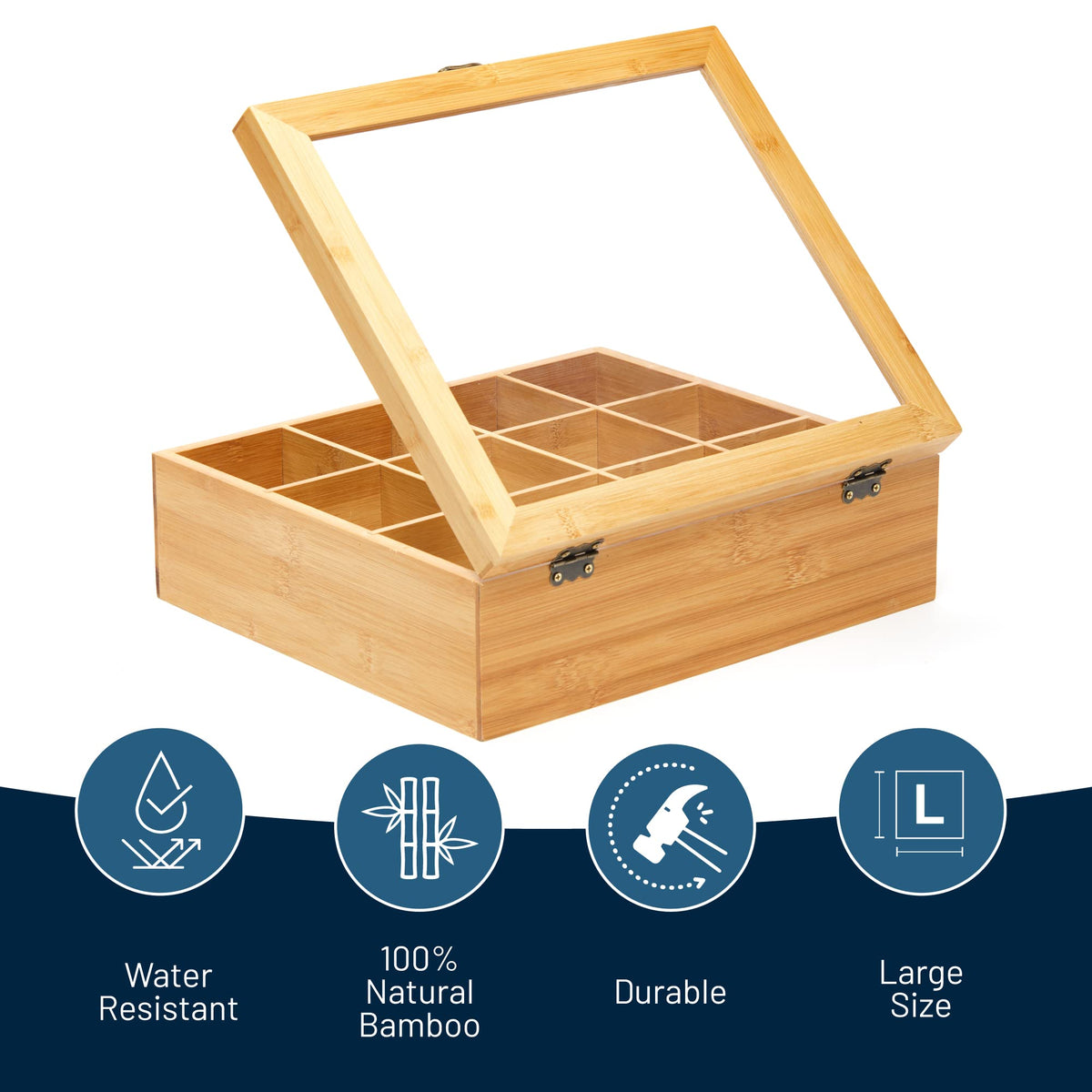 RoyalHouse Natural Bamboo Tea Storage Organizer, Clear Acrylic Top, 12 Compartments