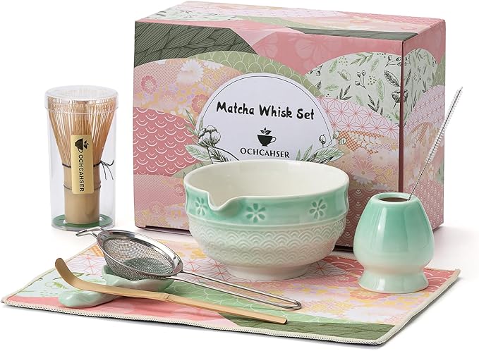 Matcha Tea Set, 8 Pcs Japanese Matcha Kit with Cherry Blossom and Wave Design Ceramic Bowl, Bamboo W