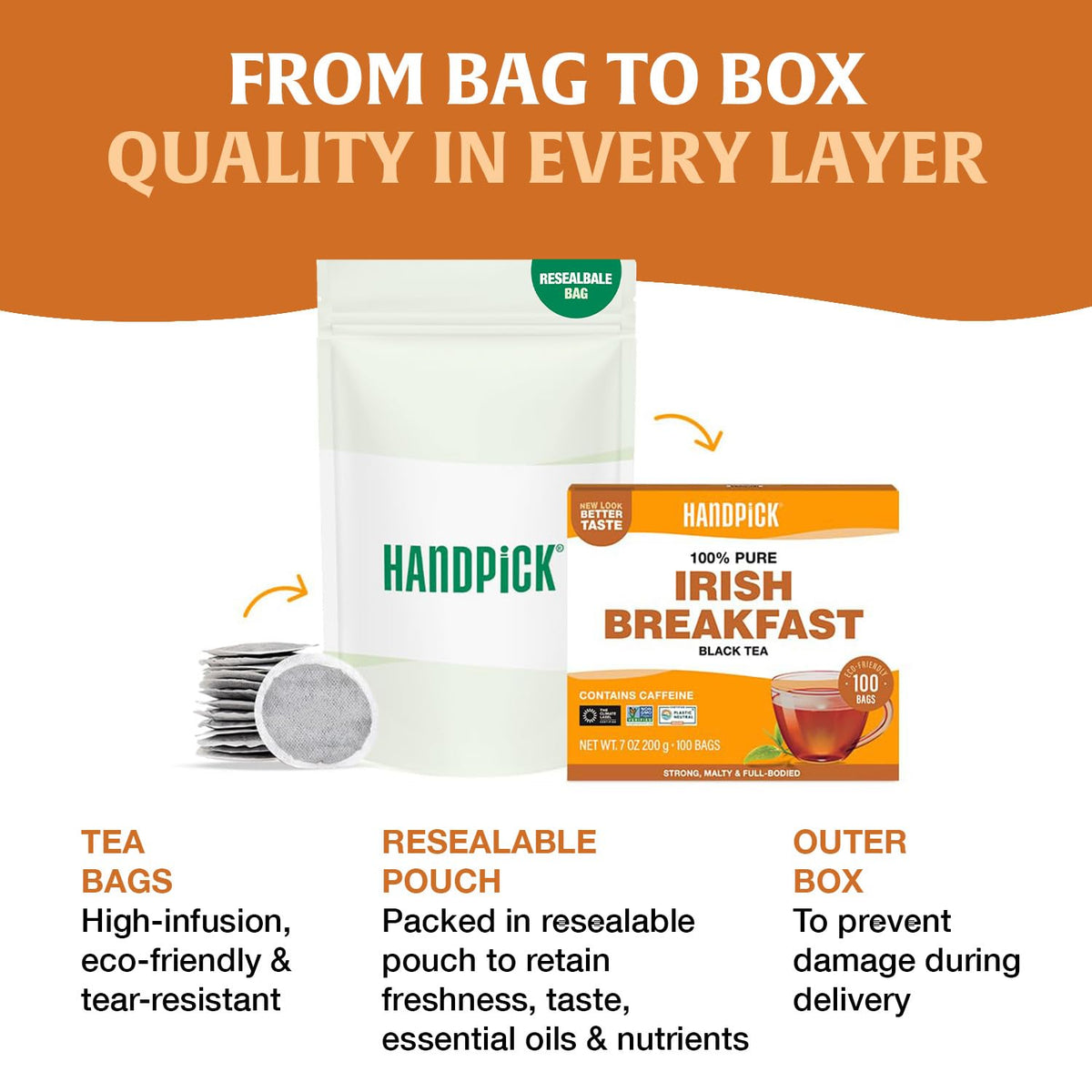 HANDPICK Irish Breakfast Teabags(100 Count) Caffeinated Bold Black Teabags