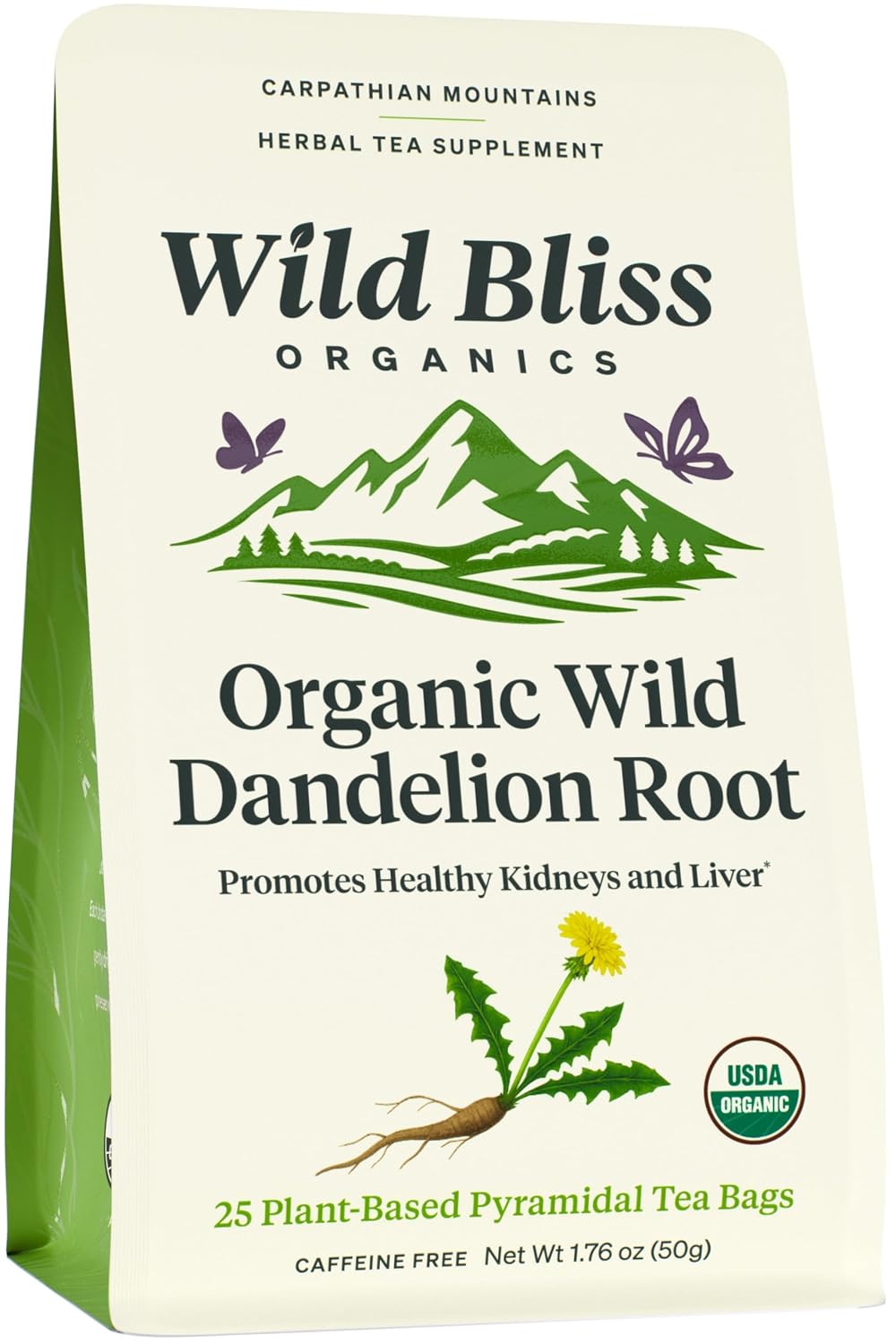 Wild Bliss Organic Wild Raw Dandelion Root Tea - Pharmacopoeia Quality Caffeine Free Herbal Support - 25 Plant Based Tea Bags