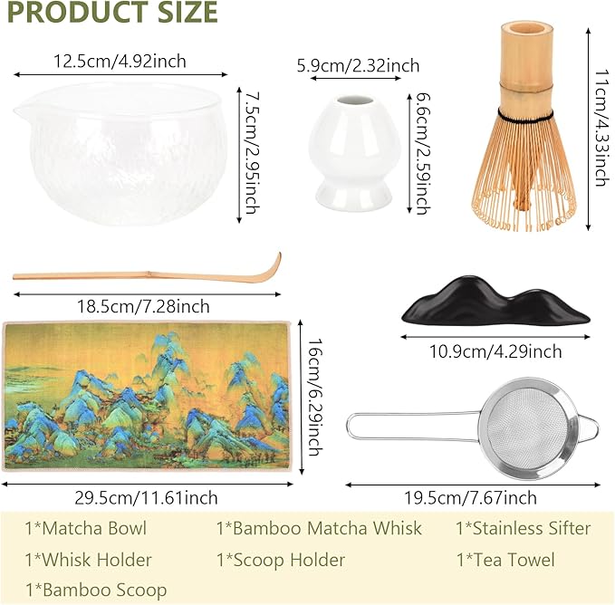 7 Pcs Matcha Whisk Set, Ceramic Matcha Set Includes Matcha Bowl, Bamboo Matcha Whisk and Holder, Bamboo Scoop, Scoop Holder