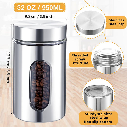 Mimorou 6 Pack 32 oz Airtight Stainless Steel Kitchen Canisters, Silver | Set Window Canister Jars, Coffee Tea Sugar, Quick Refill Check, Pantry Organization, Countertop Storage, Spice and Candy Jars